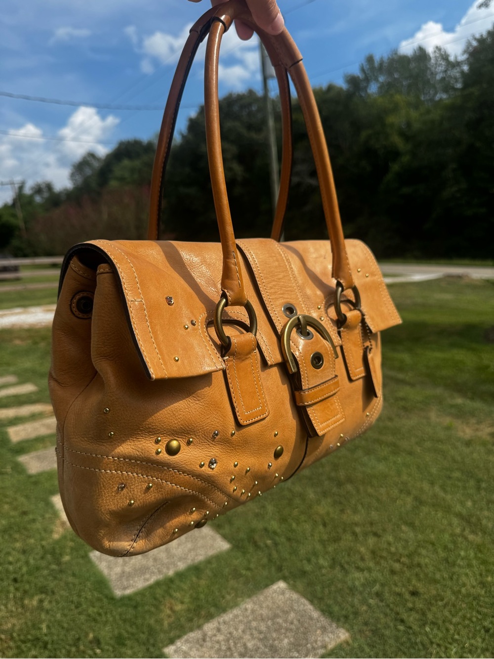 Coach Cognac Leather Studded Satchel - Picture 5 of 8
